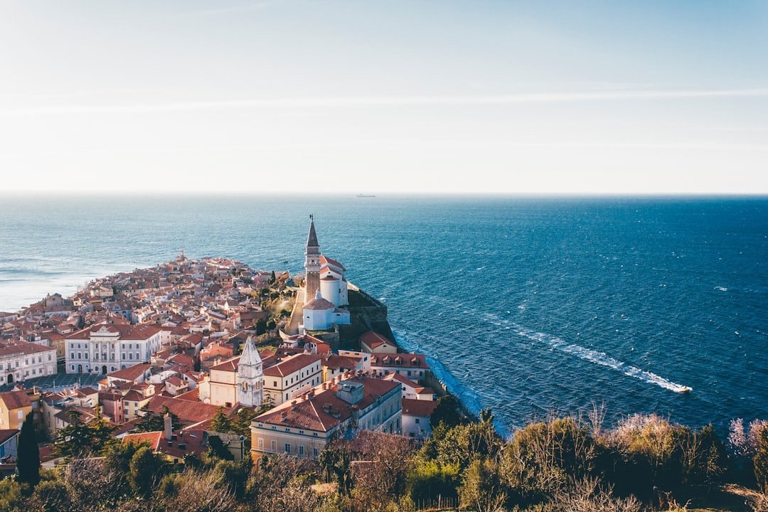 Terracotta rooftops of a coastal old town clustered above the sea.