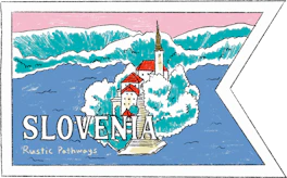 Illustrated Slovenia sticker: the island church on Lake Bled, drawn as a pennant.