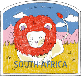 Illustrated South Africa sticker: a red-maned lion in yellow grassland.