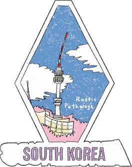 Illustrated South Korea sticker: the N Seoul Tower above a tiled palace roof.