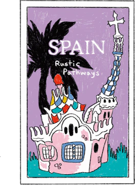 Illustrated Spain sticker: ornate cathedral spires and a palm tree in pink and white.