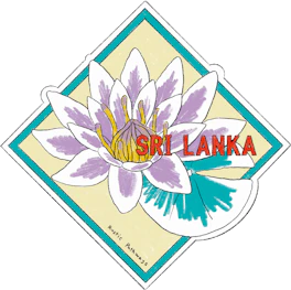 Illustrated Sri Lanka sticker: a purple water lily on a cream diamond.