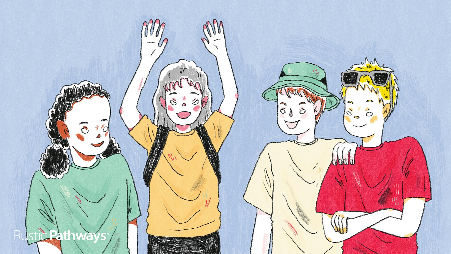 Hand-drawn illustration of student travel, showing students gathered around a table working on activities and papers, wide format.