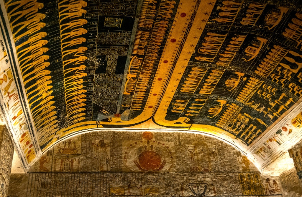 A beautifully preserved tomb ceiling in Egypt, adorned with intricate hieroglyphs and vibrant depictions of the afterlife. fun facts about egypt