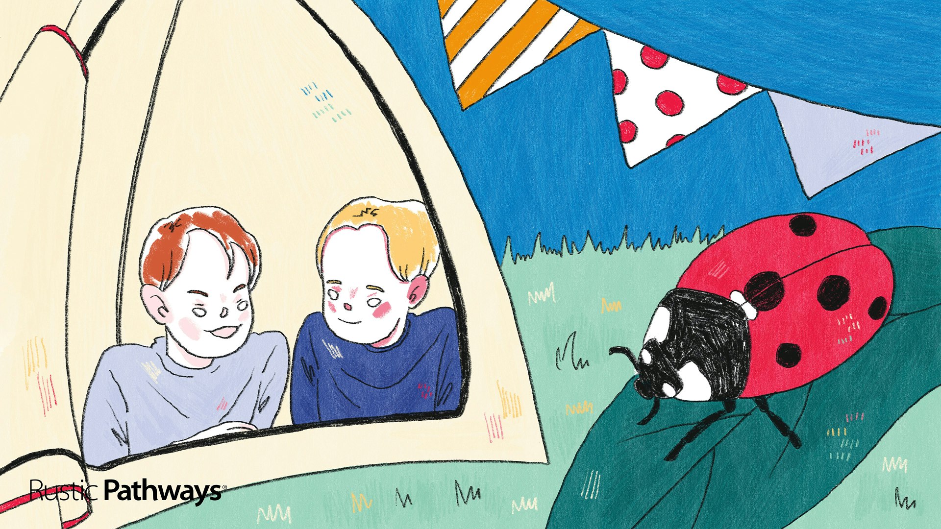 Hand-drawn illustration of summer camp for teens, showing two campers in a tent watching a ladybug outdoors, wide format.