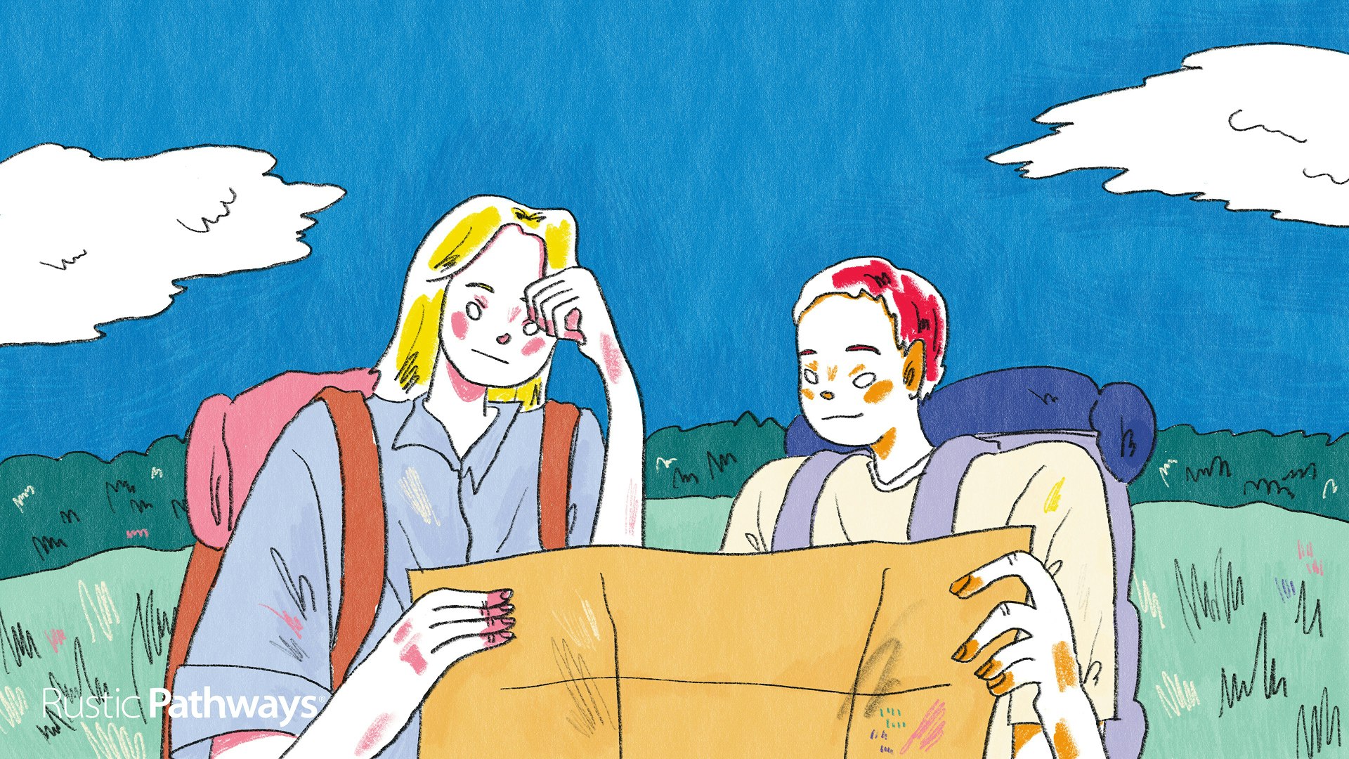 Hand-drawn illustration of summer camps for high school students, showing a small group of teens posing together, wide format.