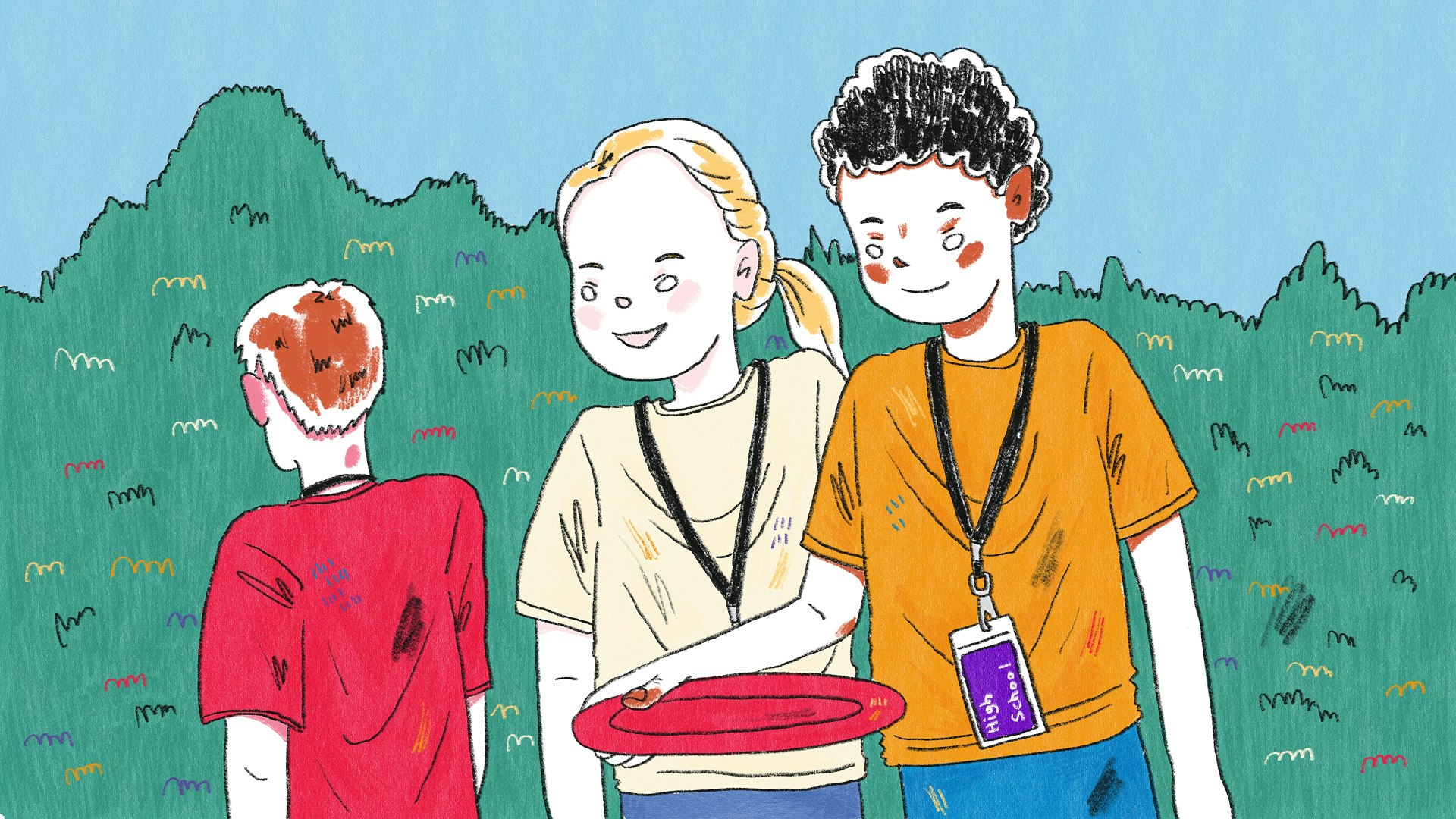 Hand-drawn illustration of summer high school programs, showing teens smiling and holding a frisbee outdoors, wide format.
