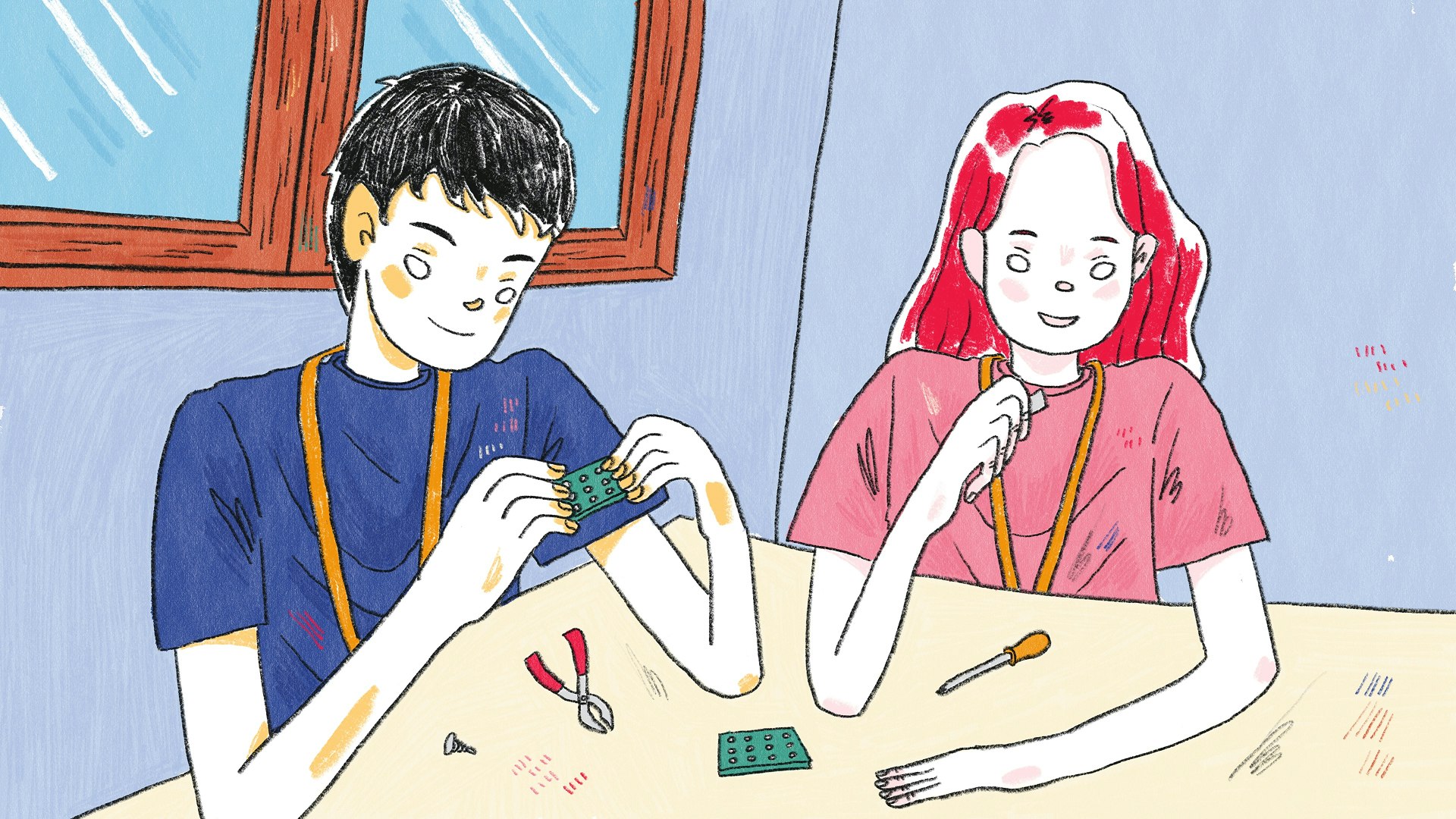 Hand-drawn illustration of summer programs for high schoolers, showing teens assembling electronics and tools at a table, wide format.
