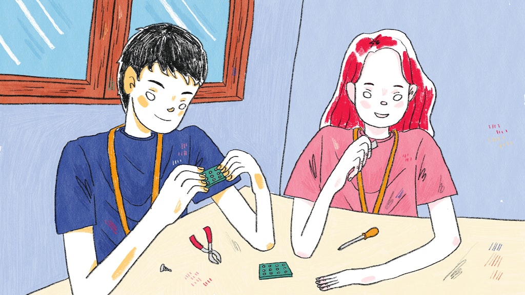Hand-drawn illustration of summer programs for high schoolers, showing teens assembling electronics and tools at a table, wide format.
