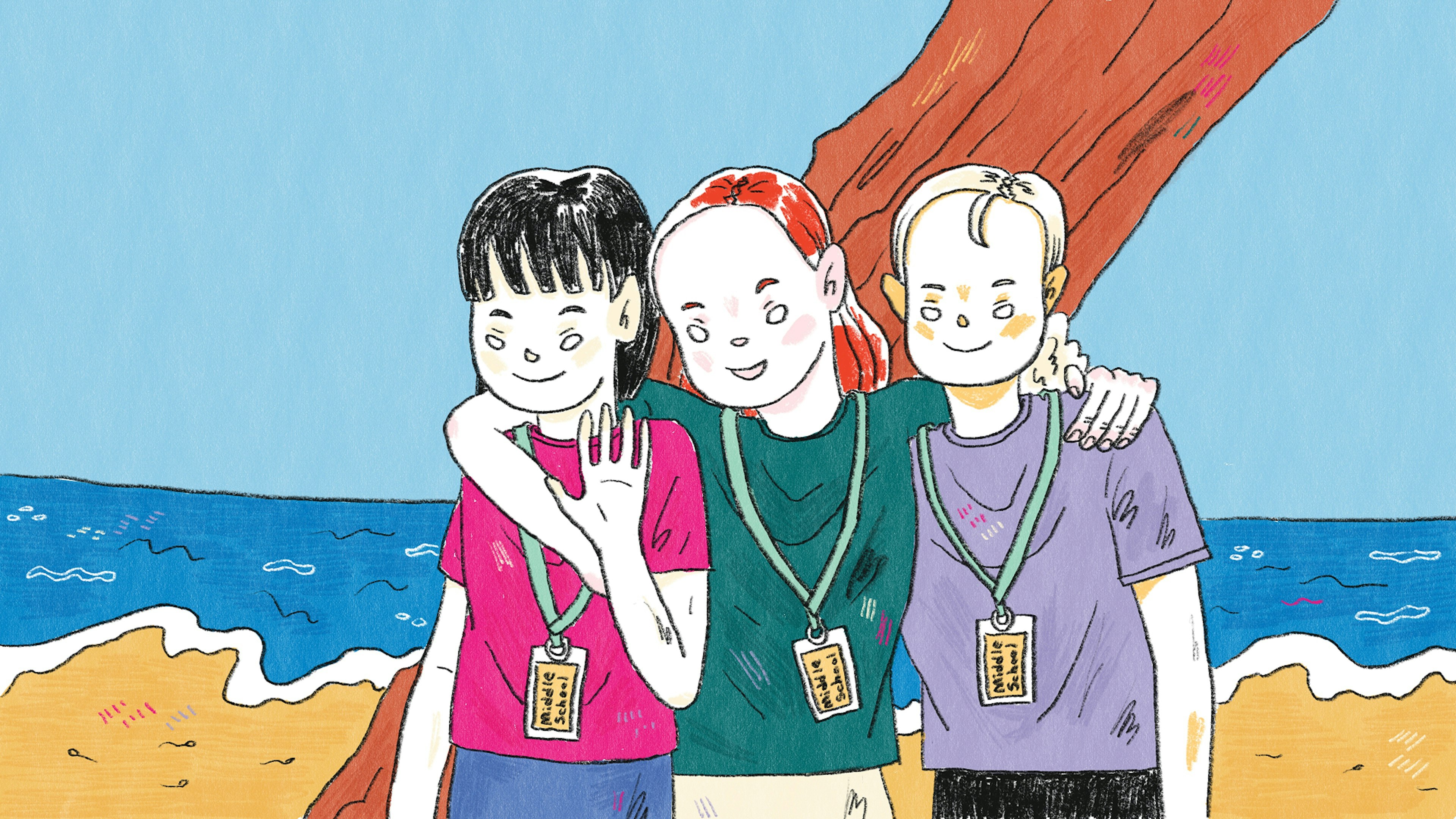 Hand-drawn illustration of summer programs for middle school students, showing three students together at the beach, wide format.