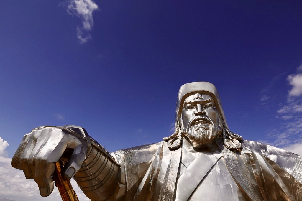 Close-up of the giant stainless-steel Chinggis Khaan (Genghis Khan) equestrian statue under a blue sky in Mongolia