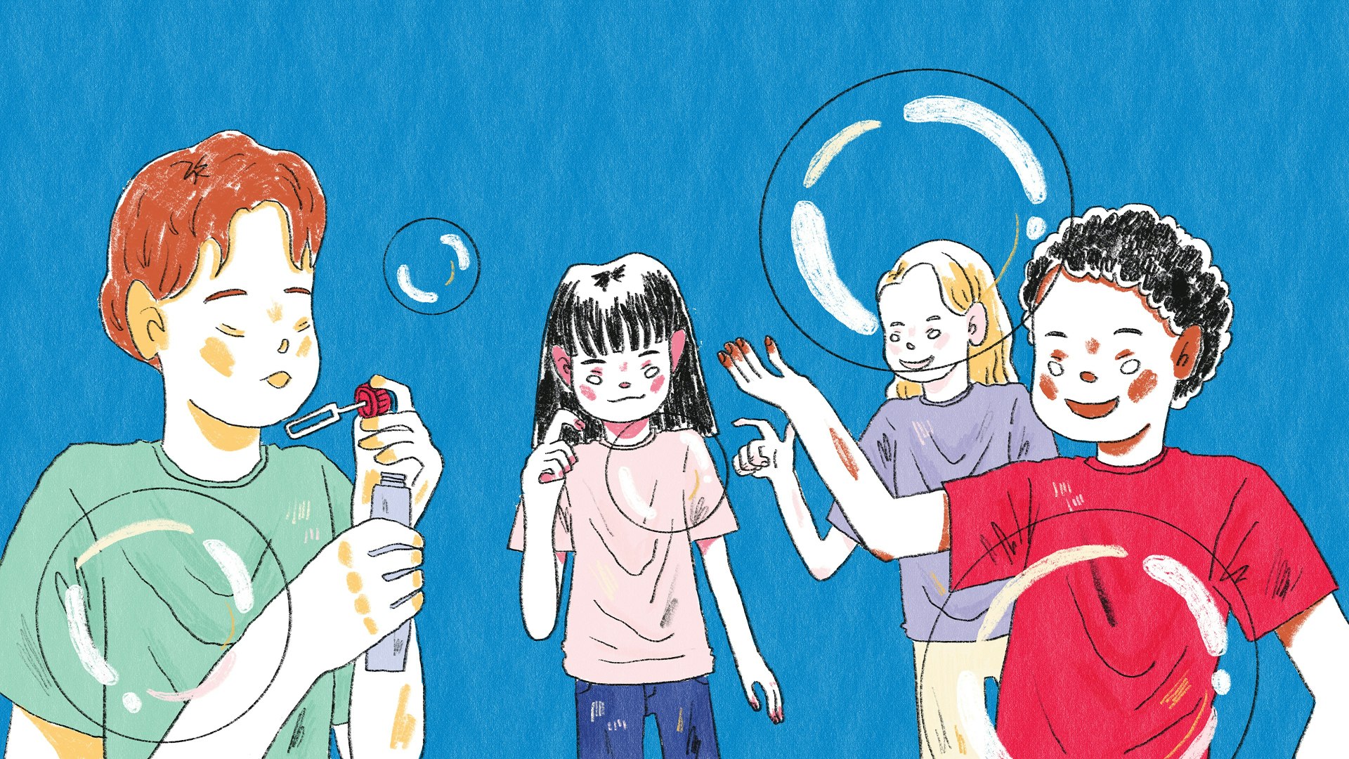 Hand-drawn illustration of summer programs, showing three students jumping with arms raised, wide format.