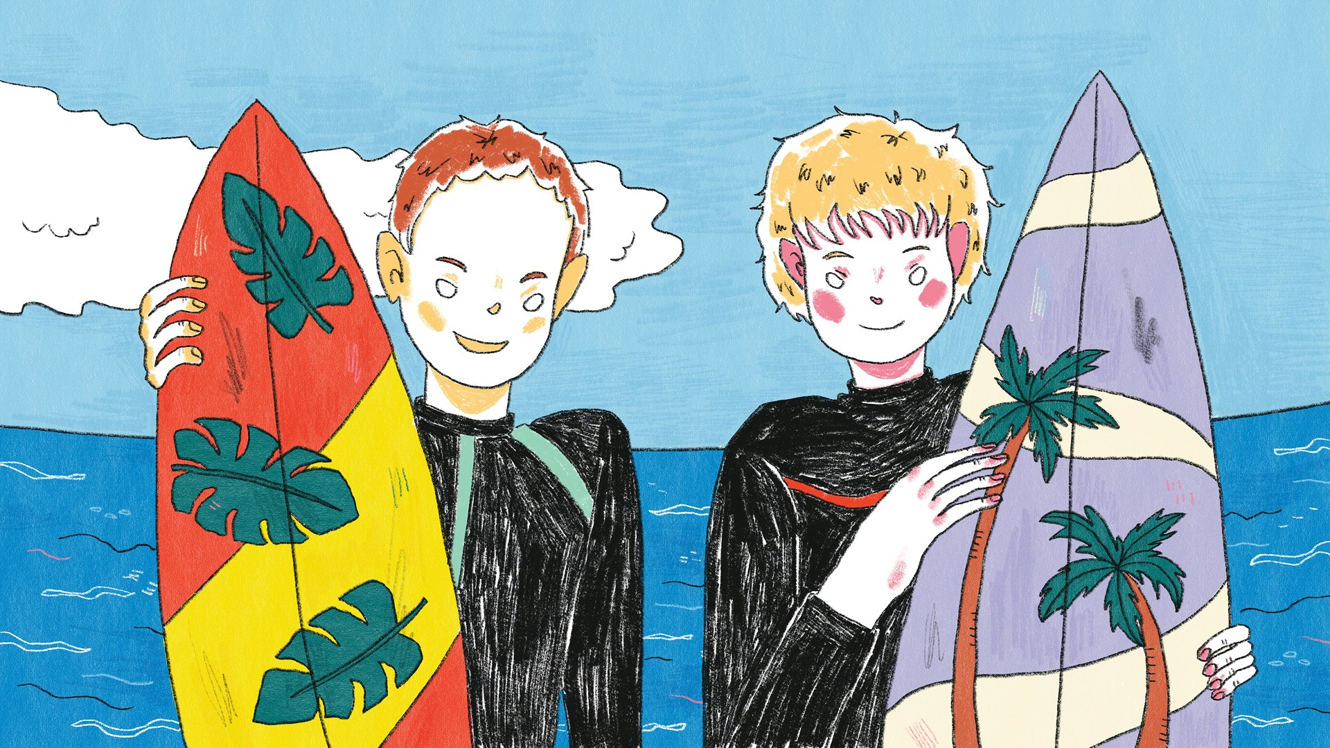 Hand-drawn illustration of summer travel programs for high school students, showing two teens with surfboards near the sea, wide format.