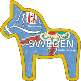 Illustrated Sweden sticker: a blue Dala horse painted with a red and gold harness.