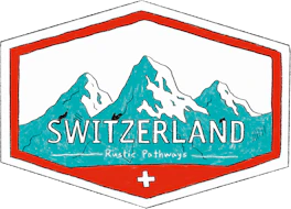 Illustrated Switzerland sticker: three snow peaks in a red hexagon with the Swiss cross.