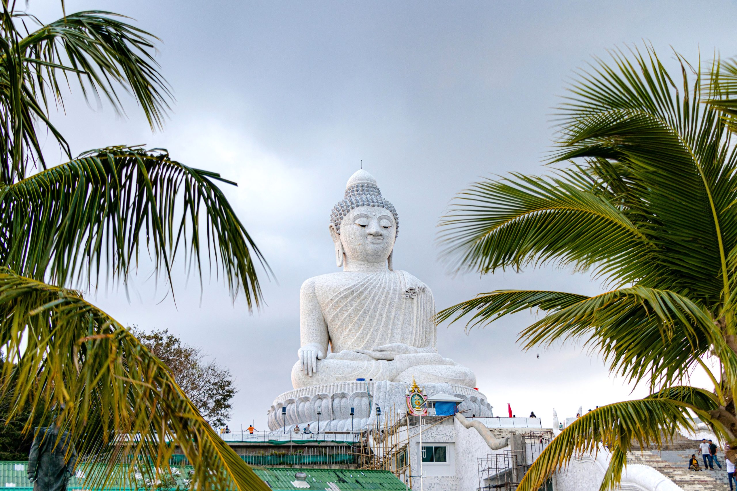 The Phuket Big Buddha sits behind palm trees.