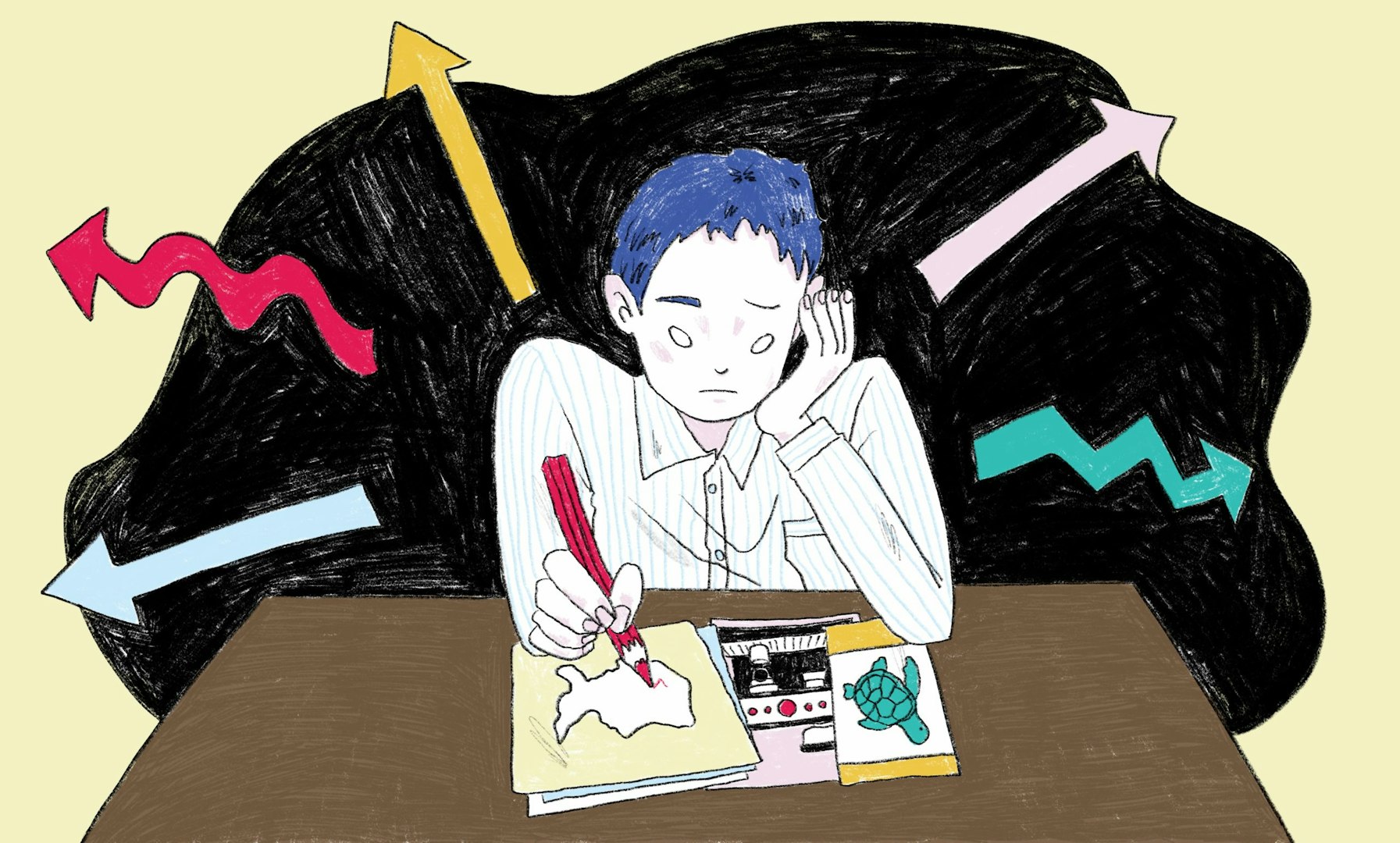 Hand-drawn illustration of a student planning on taking a gap year to figure out what's next