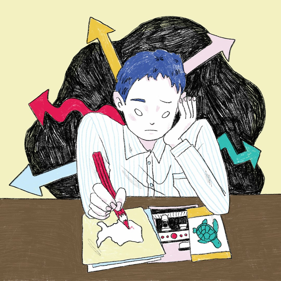 Hand-drawn illustration of a student planning on taking a gap year to figure out what's next, square format.