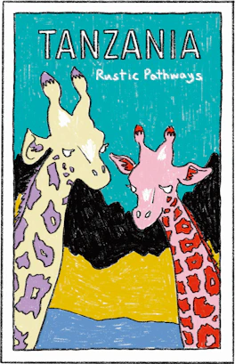 Illustrated Tanzania sticker: two giraffes patterned in purple and pink.