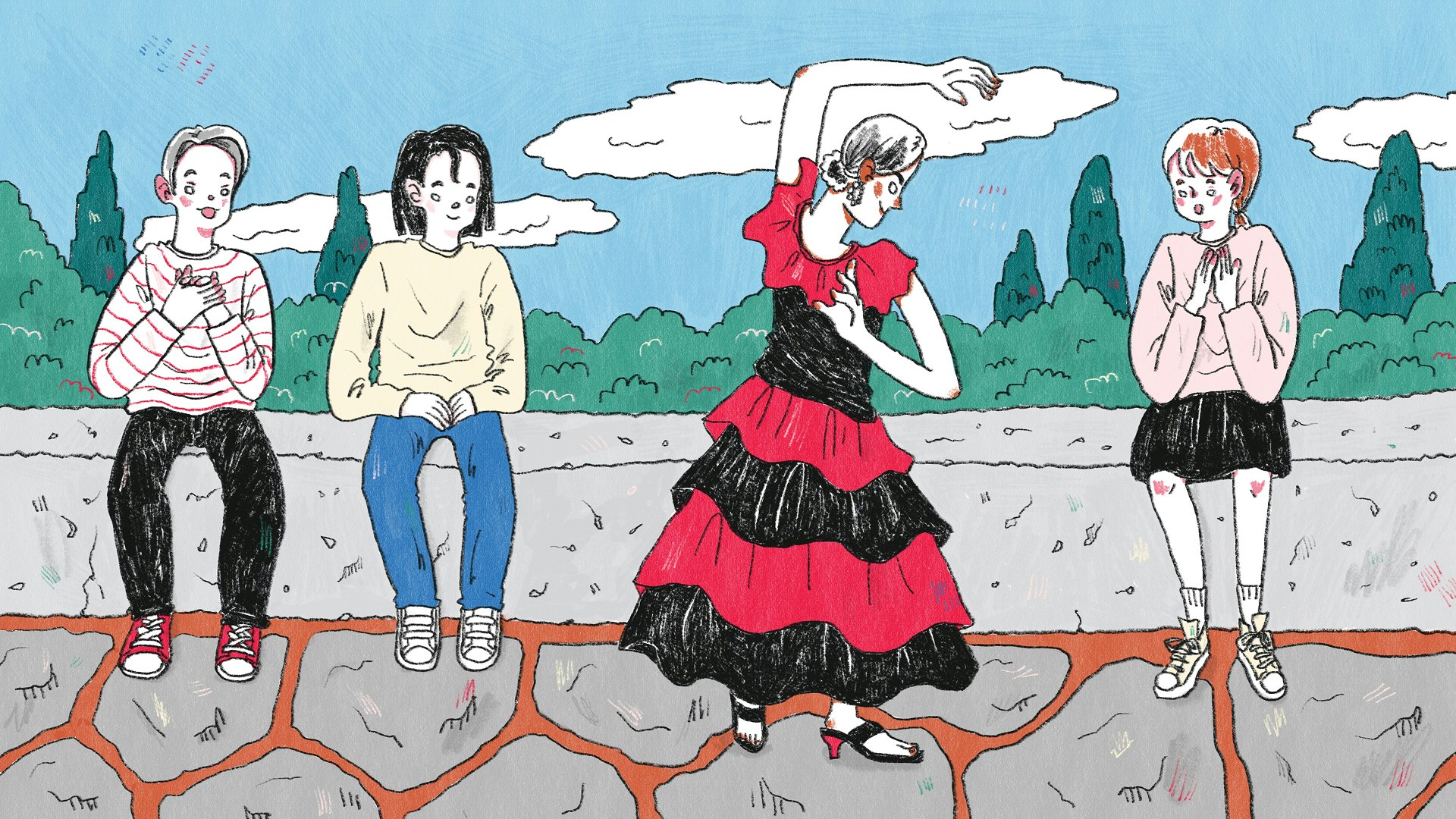 Hand-drawn illustration of teen Spanish immersion, showing a flamenco dancer performing while students watch, wide format.