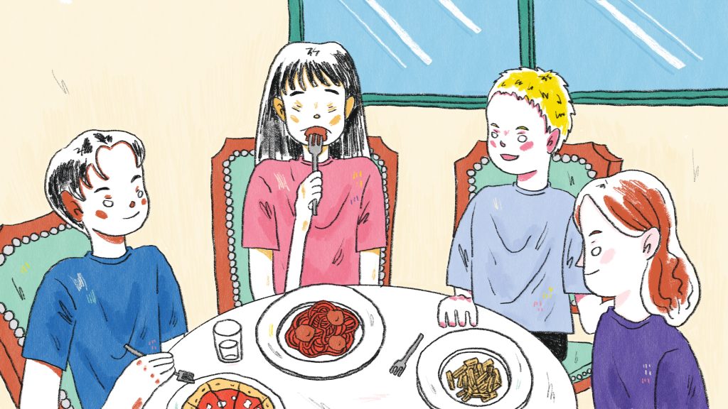 Teen travel program group dining together at their accommodation, illustrating program structure and daily routines