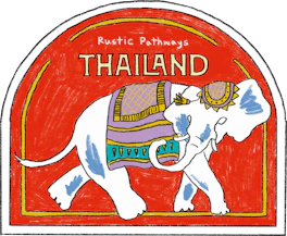 Illustrated Thailand sticker: a white elephant in ceremonial dress on a red ground.