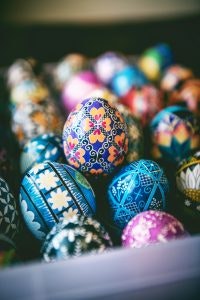 Colorful decorated eggs on Easter is a Ukrainian tradition. Colors involve blue, orange, green and more!
