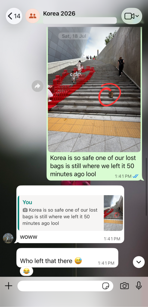 Screenshot of a WhatsApp group conversation in which a Rustic Pathways Program Leader tells a student how safe Seoul is