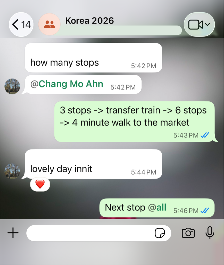 Screenshot of a WhatsApp group conversation in which a Rustic Pathways Program Leader tells students which subway stop to get off at