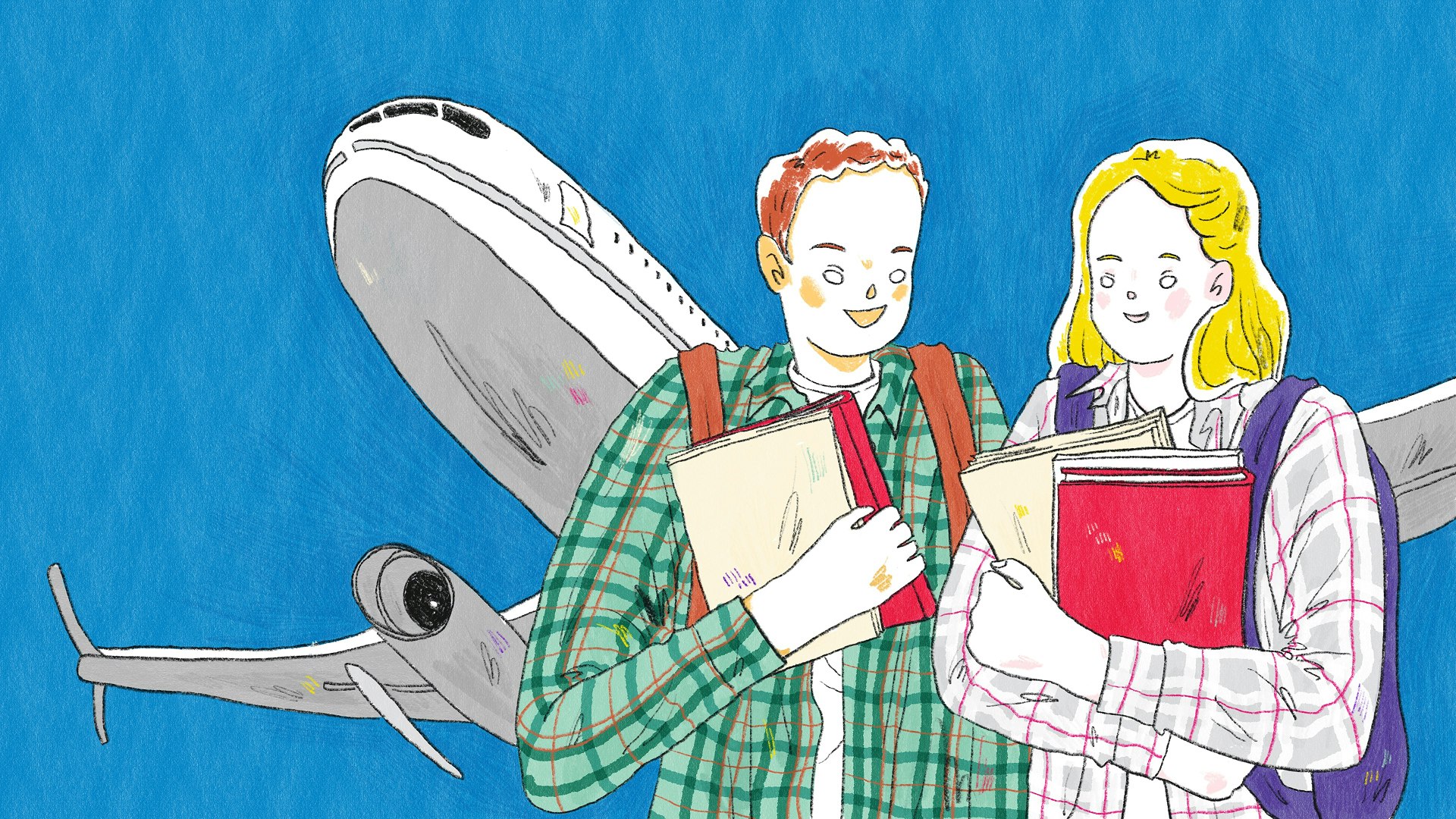 Hand-drawn illustration of travel for college students, showing two students with books in front of an airplane, wide format.