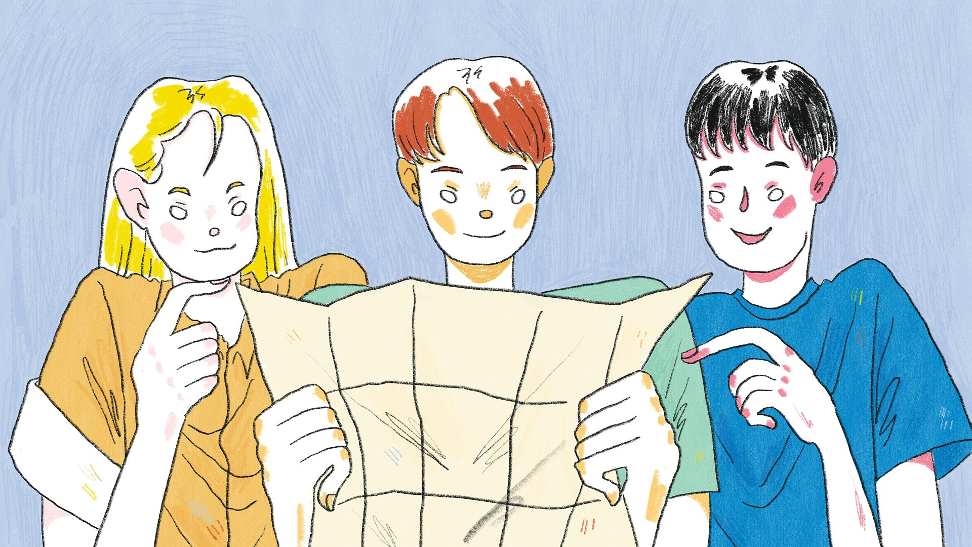 Hand-drawn illustration of travel for older teens, showing a group of teens reviewing a map together, wide format.