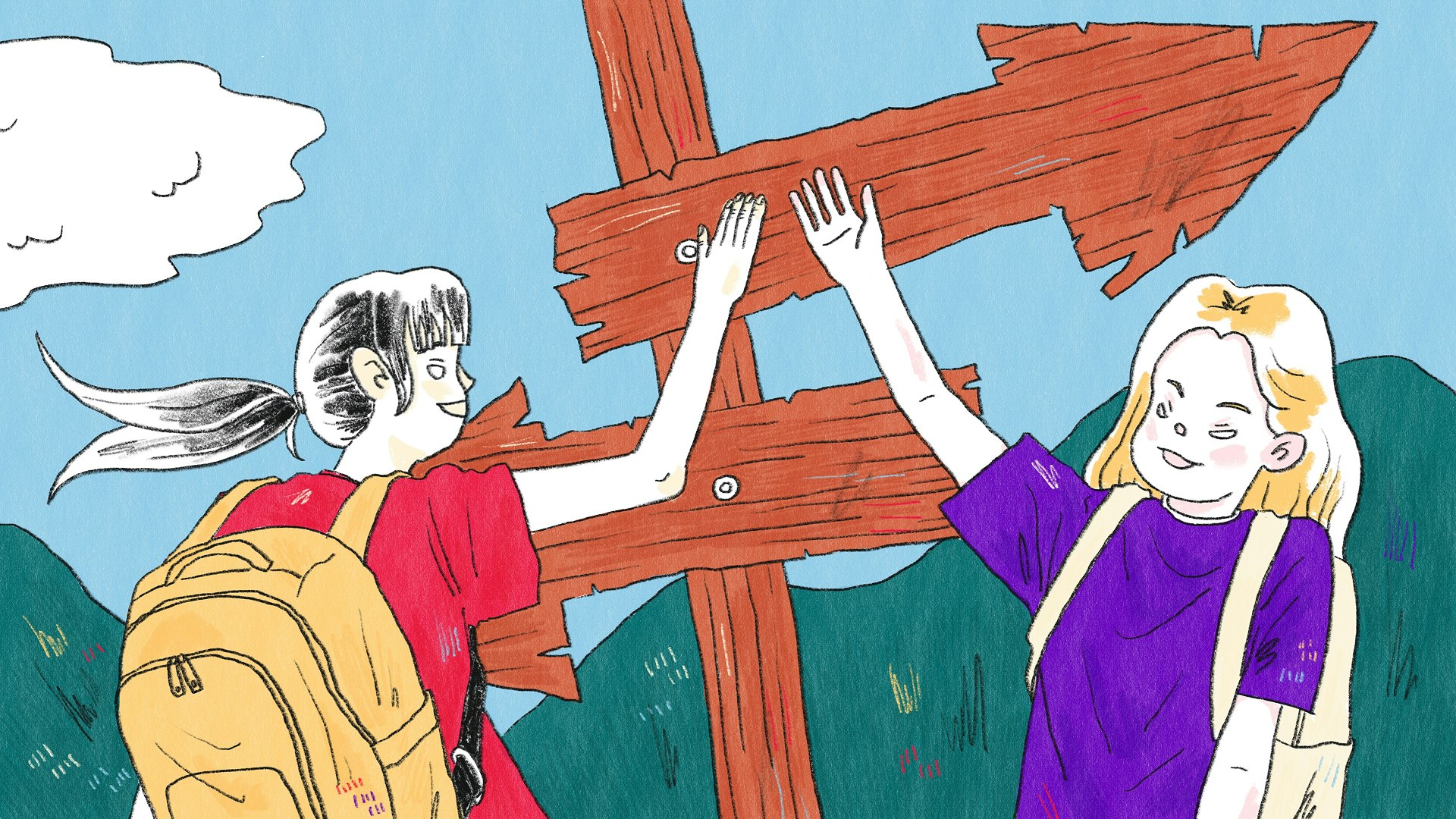 Hand-drawn illustration of travel for teens, showing two teens high-fiving near a wooden direction sign, wide format.