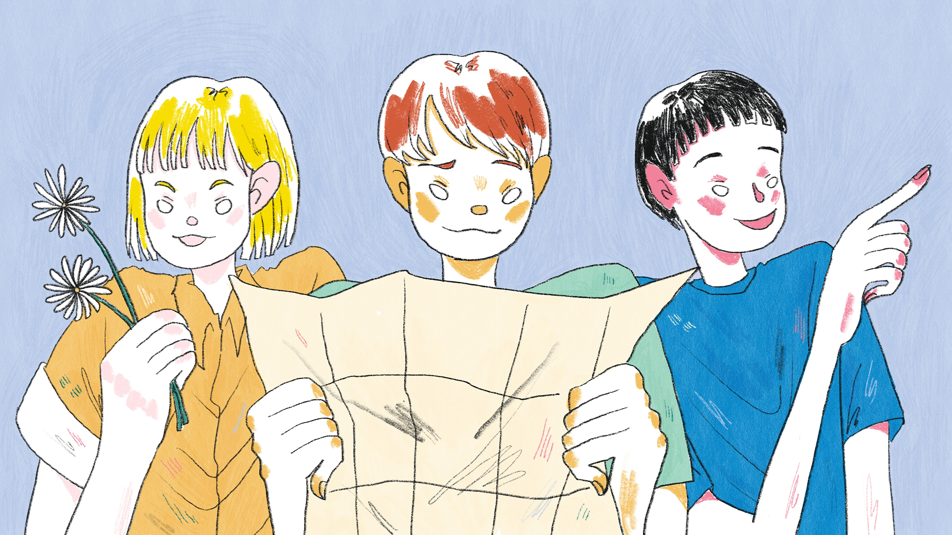 Hand-drawn illustration of travel for younger teens, showing three younger teens holding a map and pointing ahead, wide format.