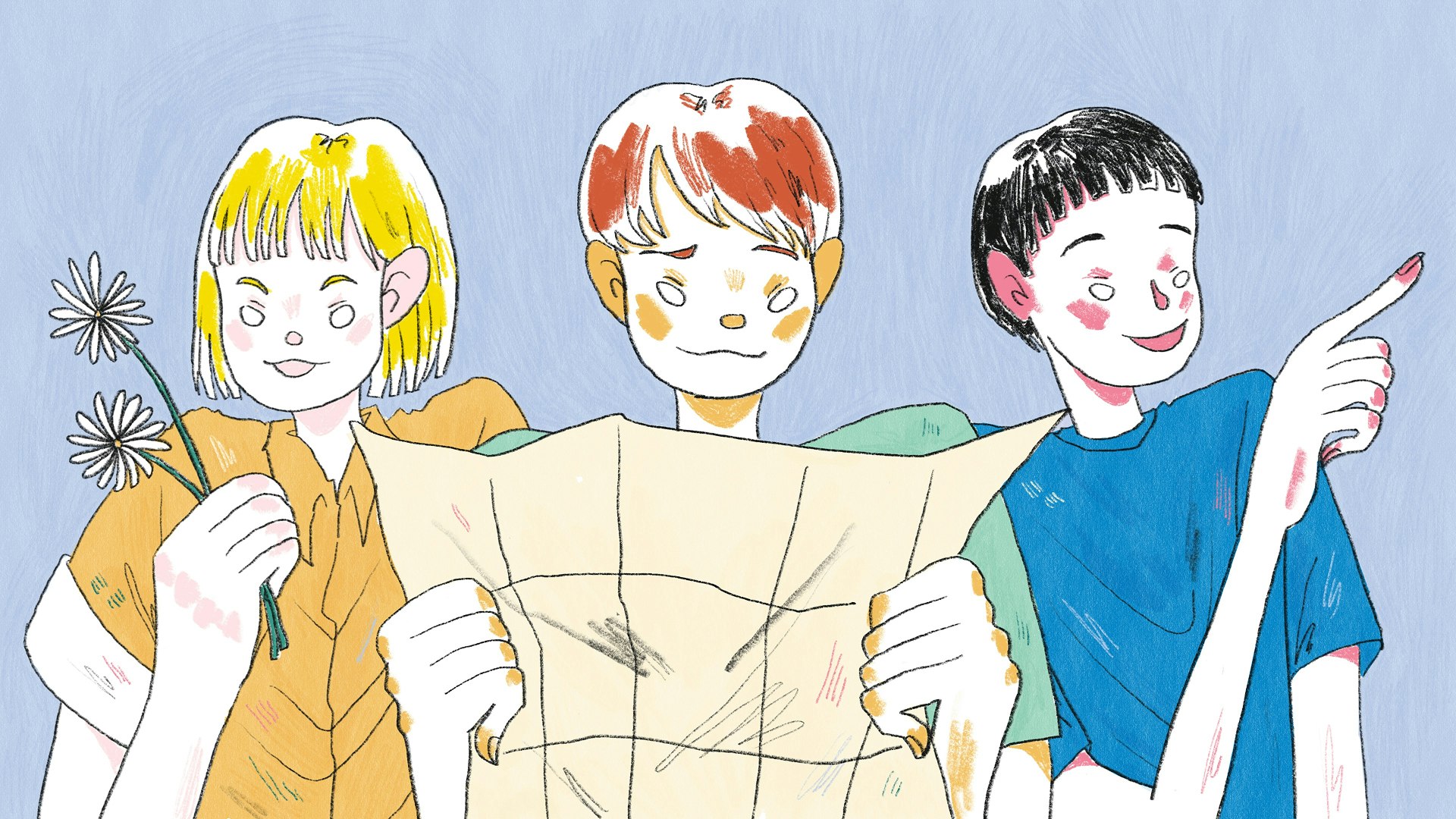Hand-drawn illustration of travel for younger teens, showing three younger teens holding a map and pointing ahead, wide format.