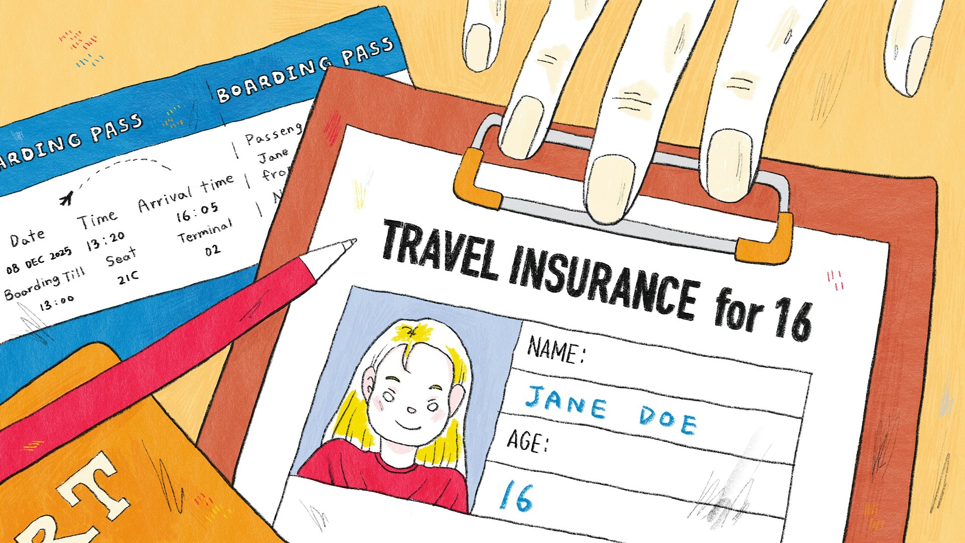 Hand-drawn illustration of travel insurance for 16 year old, showing a travel insurance form with ID and boarding pass, wide format.