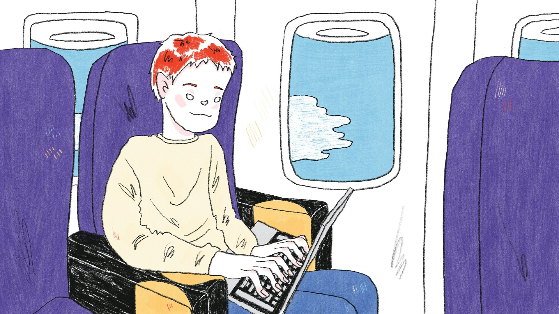 Hand-drawn illustration of travel jobs, showing a person working on a laptop on an airplane, wide format.