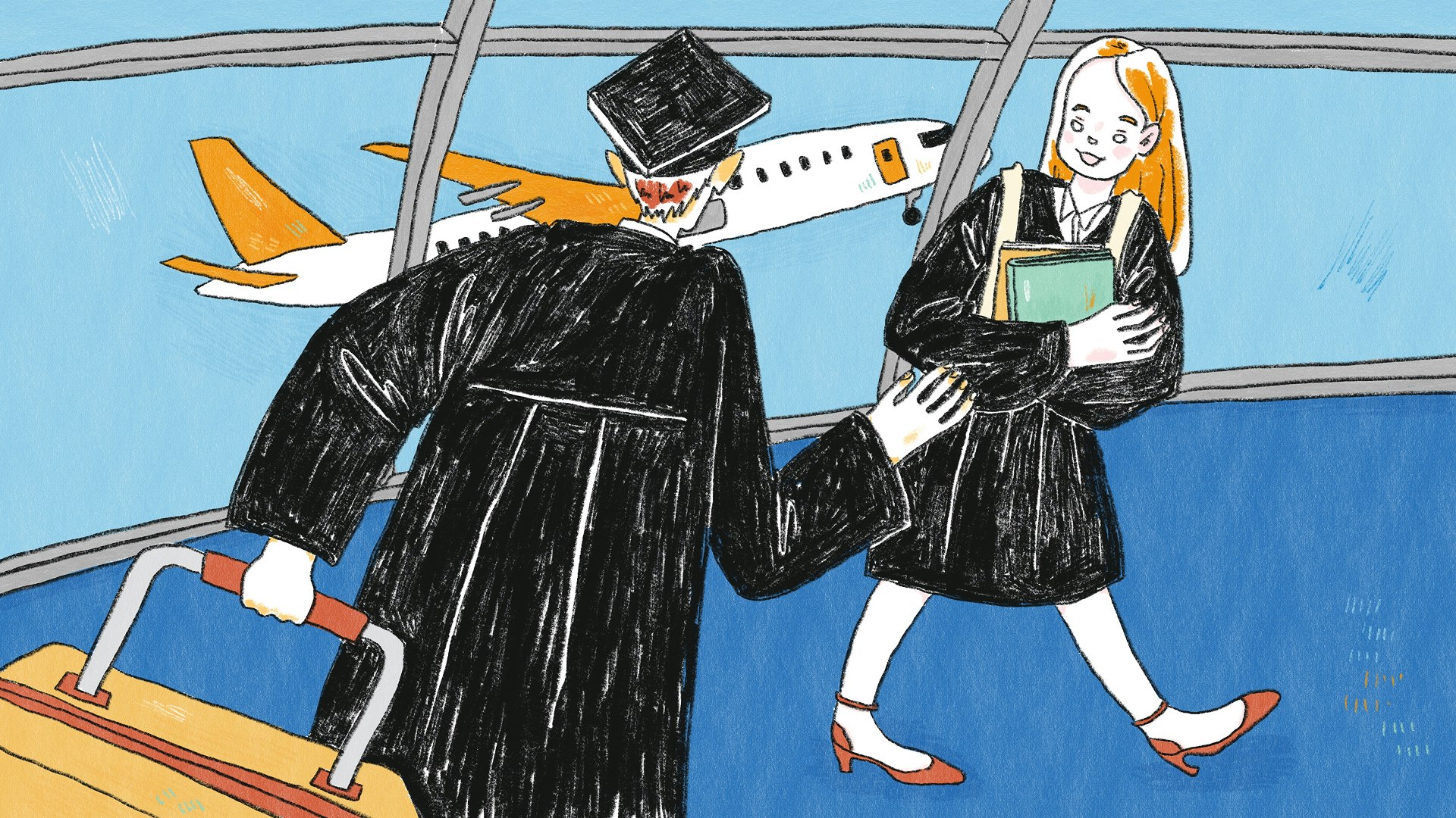 Hand-drawn illustration of travel programs for college students, showing graduates traveling with luggage near an airport window, wide format.