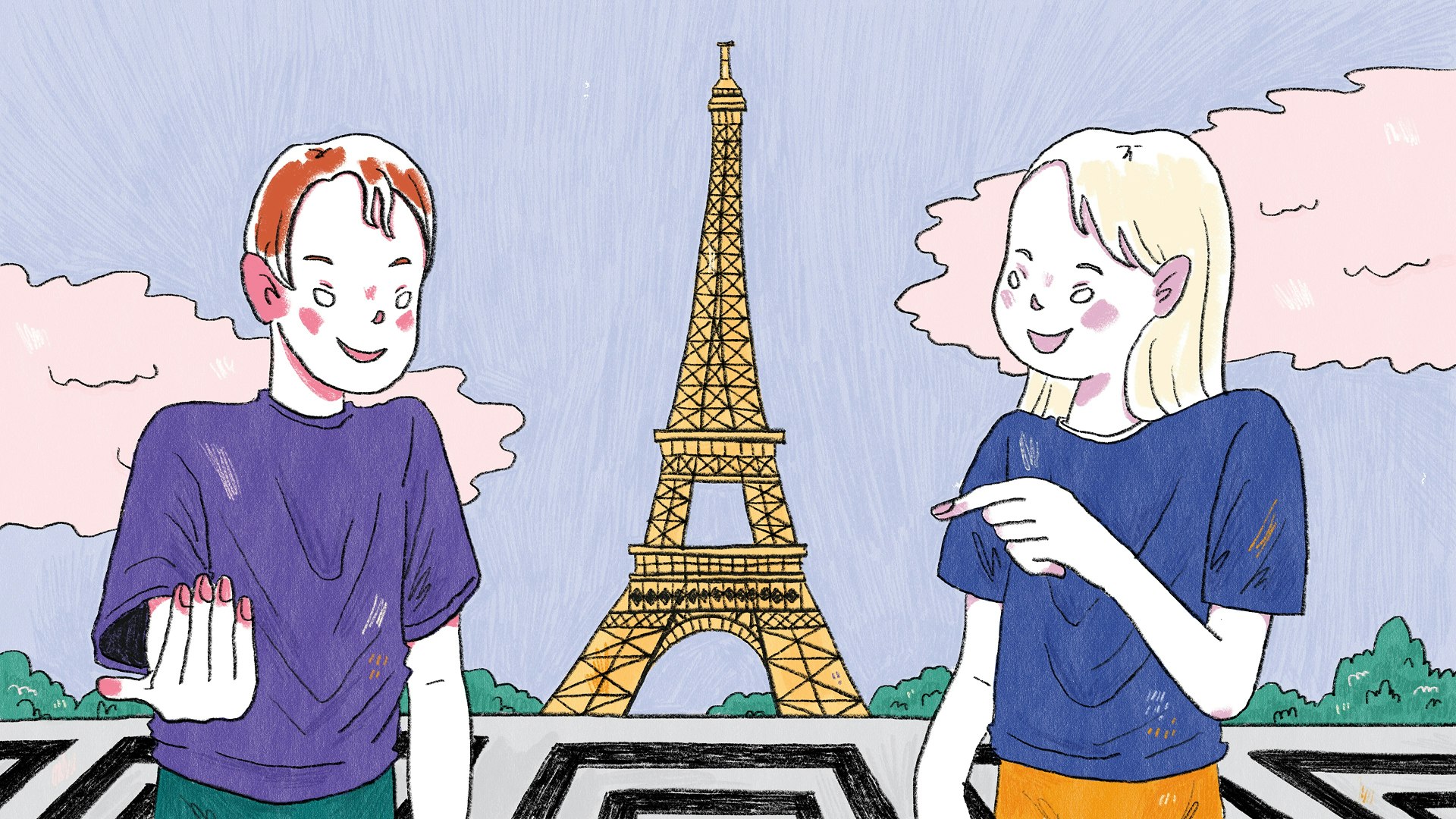 Two teens at the Eiffel Tower in Paris during a student travel program in Europe.