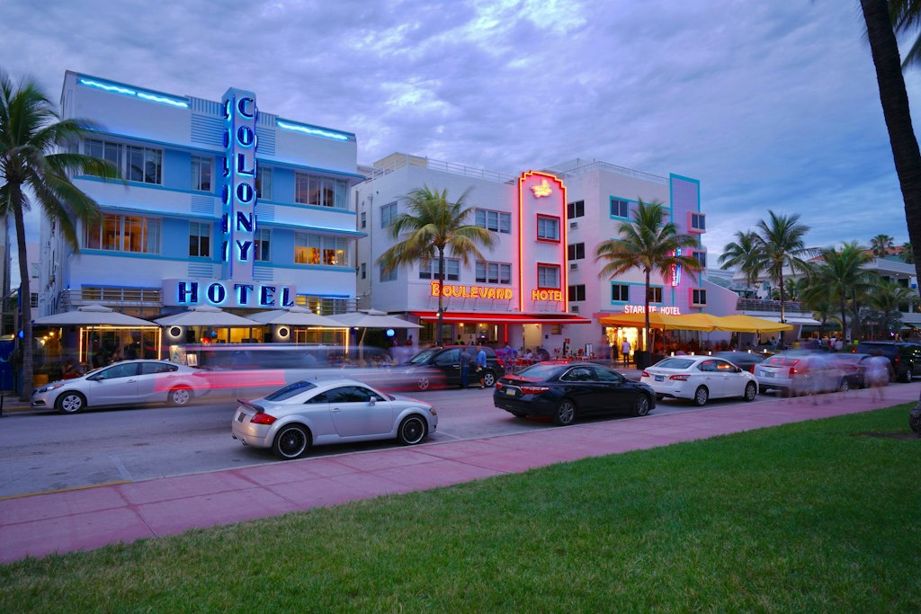 Art Deco buildings near South Beach can be seen at dusk. Learn more fun facts about Florida.