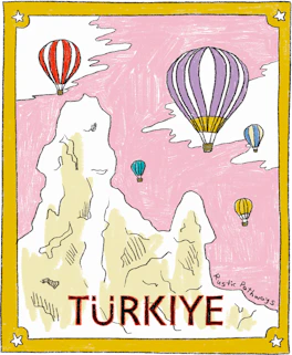 Illustrated Turkiye sticker: hot-air balloons drifting over the rock cones of Cappadocia.