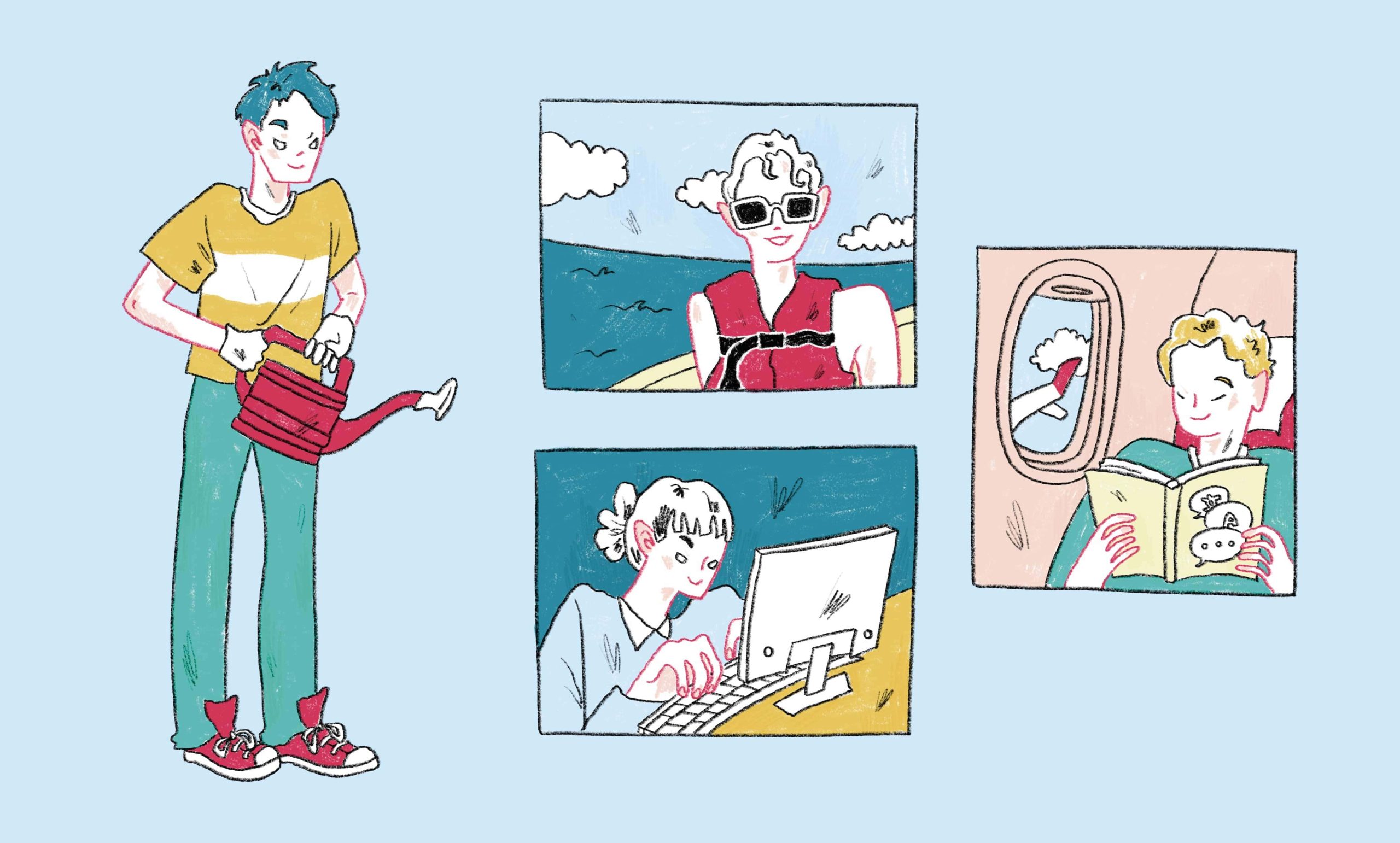 Hand-drawn illustration comparing types of gap year programs, including volunteering, studying abroad, internships, and travel