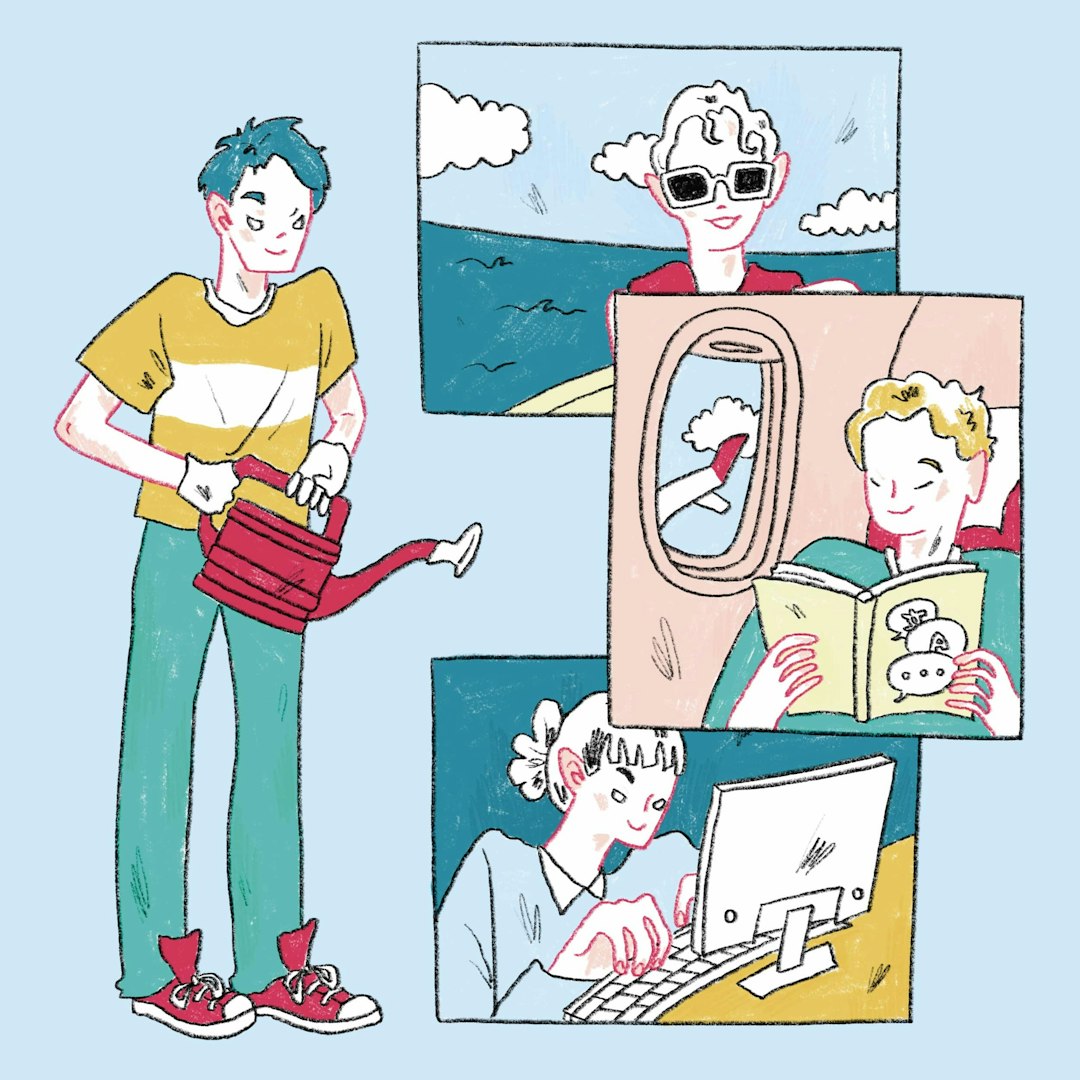 Hand-drawn illustration comparing types of gap year programs, including volunteering, studying abroad, internships, and travel, square format