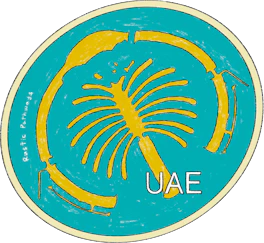 Illustrated UAE sticker: the Palm Jumeirah island seen from above on teal water.