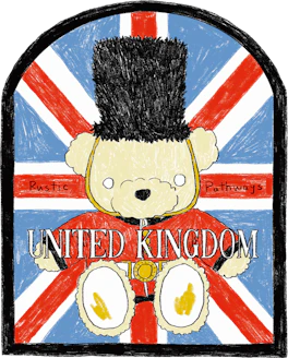Illustrated United Kingdom sticker: a bear in a tall busby hat on the Union flag.