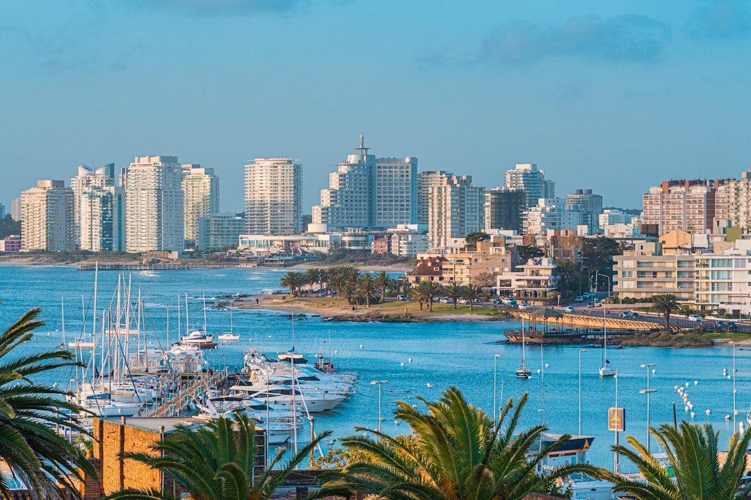 A curving coastal skyline viewed across the water, with boats anchored near the shore.