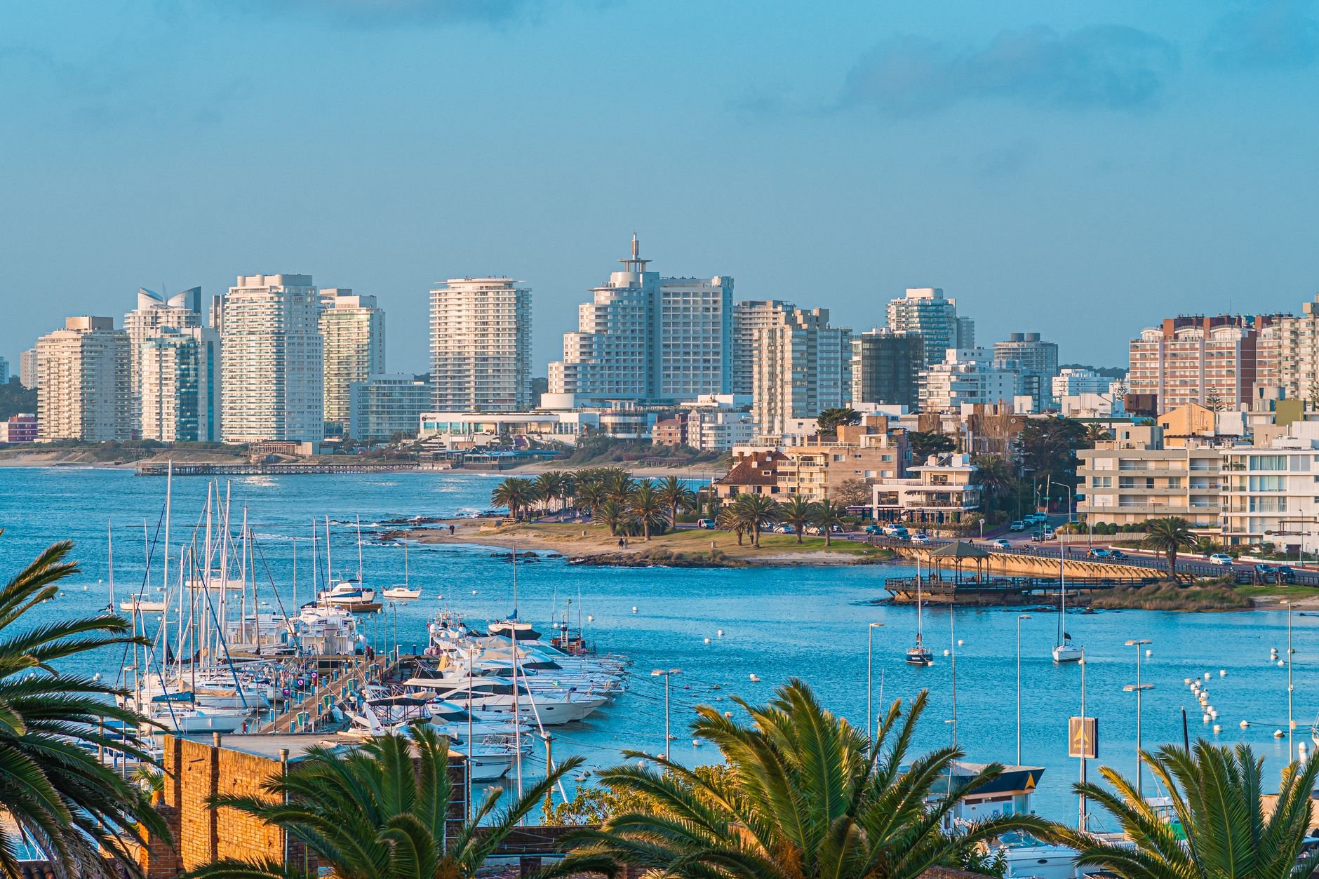 High-rise towers along a peninsula behind a marina full of moored yachts.