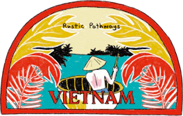 Illustrated Vietnam sticker: a person in a conical hat poling a boat between red leaves.