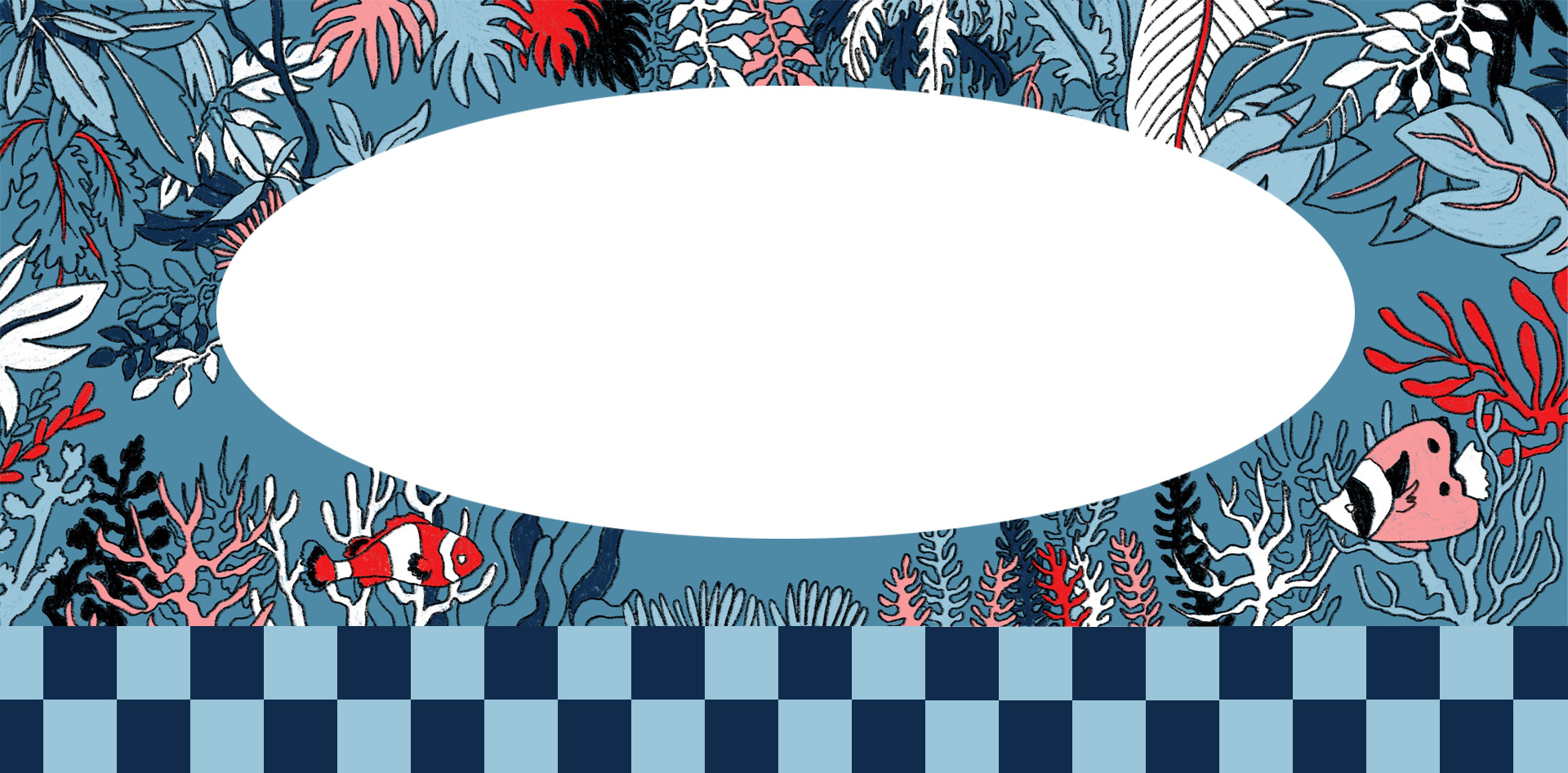 Decorative underwater scene with coral, tropical fish, and marine plants framing an open space