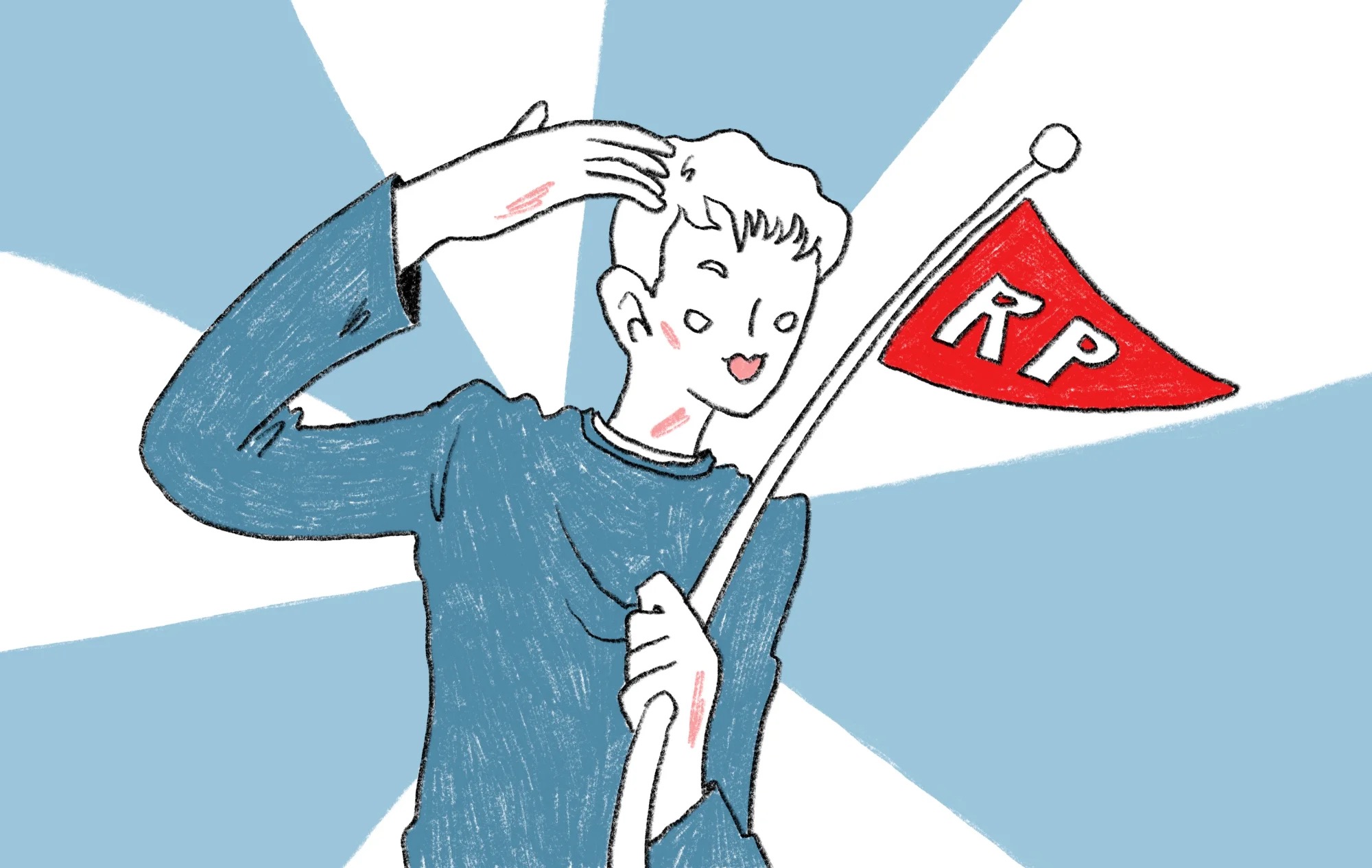 Illustration of student holding Rustic Pathways flag and saluting, with radiating light beams in background