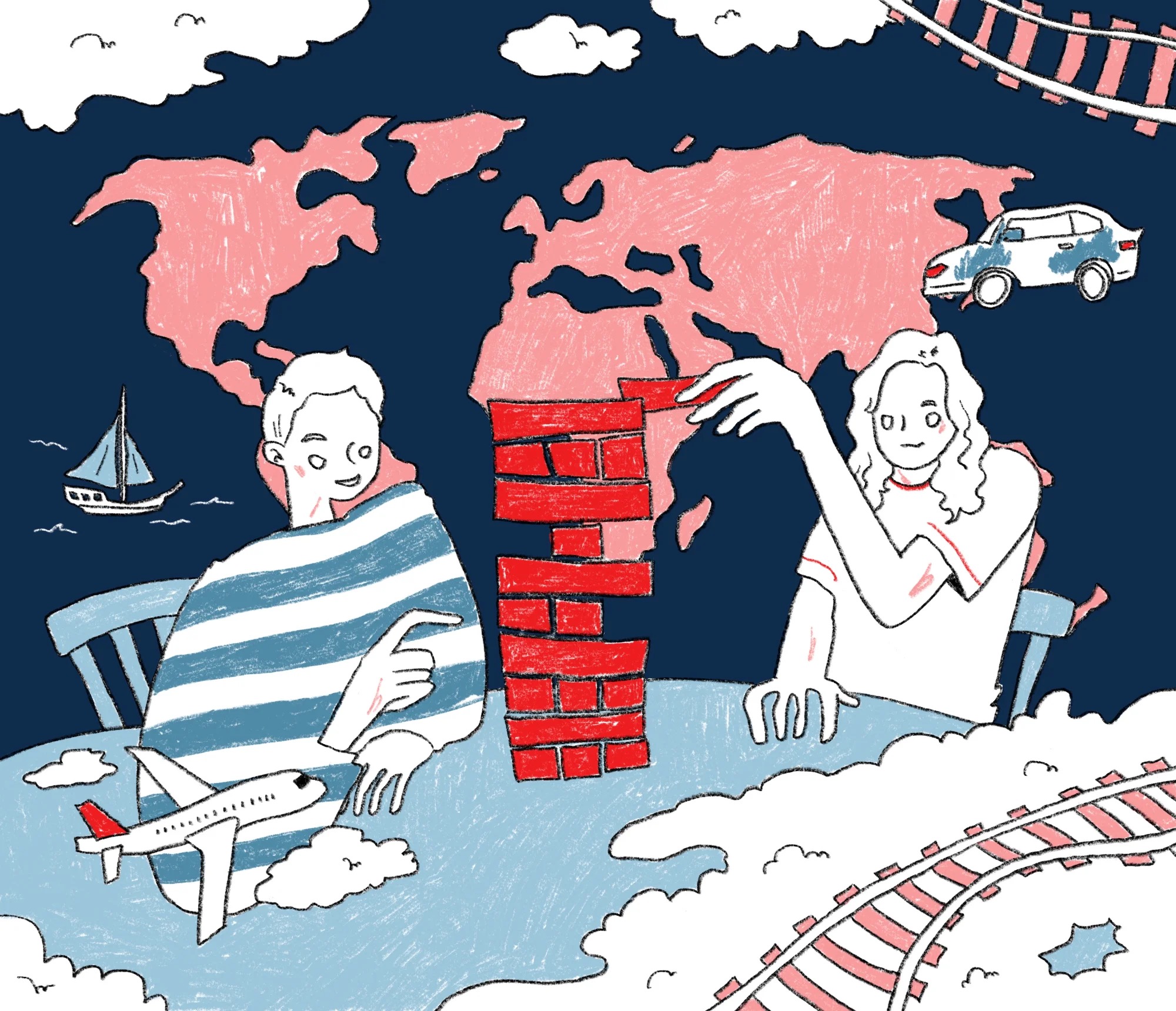 Illustration of two people building with blocks on a globe, with planes, trains, and boats representing global connectivity